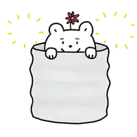 a cartoon drawing of a polar bear peeking out of a trash can with a flower on its head .