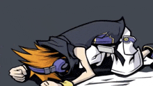 a cartoon drawing of a man laying down with his head in his hands