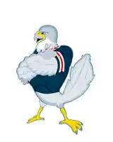 a cartoon bird wearing a blue shirt with a skull and crossbones logo on it