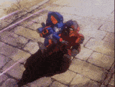 a cartoon of a robot riding another robot on a brick sidewalk