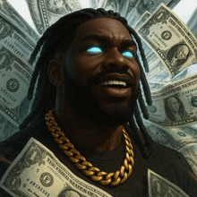 a man is wearing a gold chain and a one dollar bill