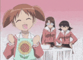 a girl in an apron with a sunflower on it stands in front of two other girls
