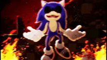 a cartoon sonic the hedgehog is standing in front of a fire .