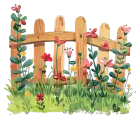 a wooden fence surrounded by flowers and grass on a white background