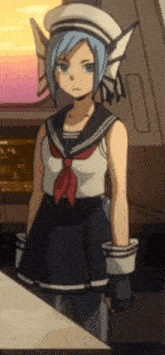 a girl with blue hair is wearing a sailor outfit and hat