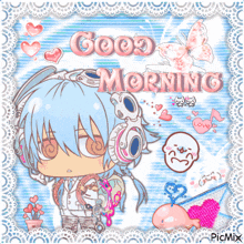 a picture of a boy with headphones and the words good morning on it