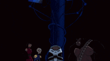 a group of cartoon characters are standing in front of a large screen with a map of the world on it
