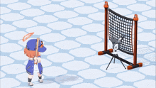 a cartoon character with a green leaf on her head stands in front of a net