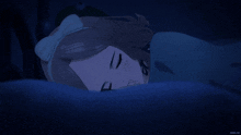 a cartoon of a girl with a bow on her head laying in a dark room