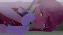 a girl with purple hair and red eyes is laying in the grass