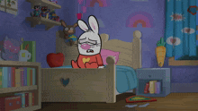 a cartoon of a bunny sitting on a bed