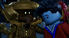 two lego figures are standing next to each other and one of them has a sad look on his face
