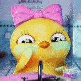 a cartoon duck with a pink bow on its head is standing next to a jar of beaked