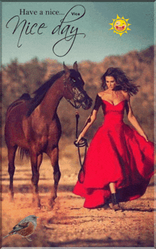 a woman in a red dress is walking a brown horse with the words have a nice nice day written on the bottom