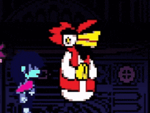 a pixel art of a chicken with a beard and sunglasses standing next to a girl .