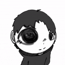 a black and white drawing of a person with a big black eye