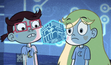 two cartoon characters are standing next to each other with a disney logo in the background