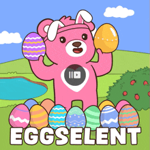 a pink teddy bear is holding an easter egg in front of a bunch of easter eggs