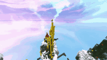 a computer generated image of a tower with a purple sky behind it