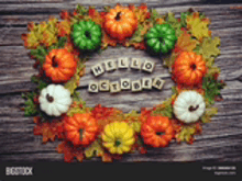 a wreath of pumpkins and leaves with the words `` hello october '' written in the middle .