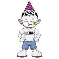 a cartoon character wearing a white shirt that says work on it