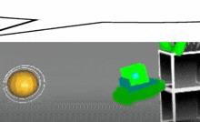 a green cube is sitting on top of a gray shelf next to a yellow circle .