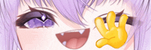 a close up of a purple haired anime girl with a yellow hand behind her eyes