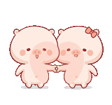 a couple of pigs holding hands while standing next to each other .