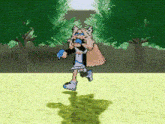 a pixel art of a girl running in a field with trees in the background