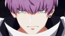 a close up of a person with purple hair and blue eyes