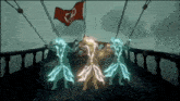 a group of ghosts are dancing on a ship with a flag in the background