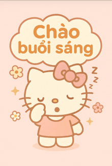 a hello kitty sleeping with a speech bubble that says " chao buoi sang "