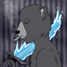 a drawing of a bear smoking a cigarette and holding a sword