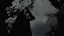 a silhouette of a person holding a sword in a forest