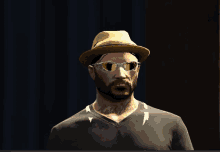 a man wearing a hat and sunglasses has a tattoo on his neck
