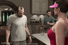 a man in a white shirt is standing next to a woman in a red tank top in a kitchen .