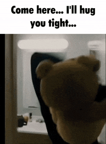 a picture of a teddy bear with the words come here i 'll hug you tight on it