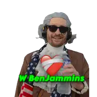 a man wearing a wig and sunglasses is holding a heart and the name benjamins is on the bottom right