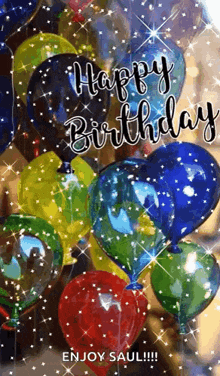 a bunch of colorful balloons with the words `` happy birthday '' written on them