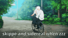 a cartoon of a man riding a bike with the words skippe and sidereal when zzz