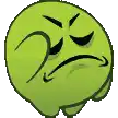 a green cartoon smiley face with an angry expression on it .