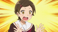 a girl with a surprised look on her face and her hands outstretched