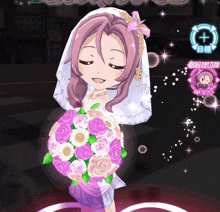 a girl in a wedding dress holding a bouquet of flowers
