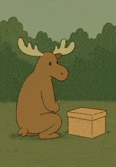 a cartoon moose is looking at a ribbon that says ' gm ' on it