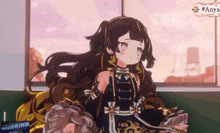 a girl in a black dress is sitting in front of a sign that says " hello drink "