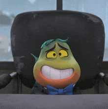a cartoon character wearing a blue bow tie is smiling
