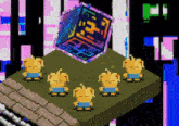 a group of cartoon characters are standing in front of a cube that says ' n ' on it