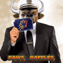 a man in a suit and tie is holding a ticket with paws raffles written on it