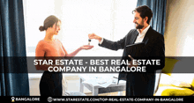 a man is handing a woman a set of keys with the words star estate - best real estate company in bangalore