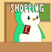 a penguin is holding a red agw card in front of a sign that says shopping